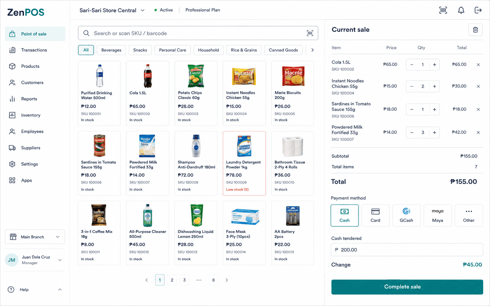 Illustrative benta point-of-sale workspace showing product search, products, and a current sale